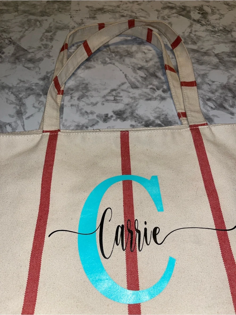 Large Hearth & Hand Cancas Cream Tote with Red Stripes and Turquoise Monogram